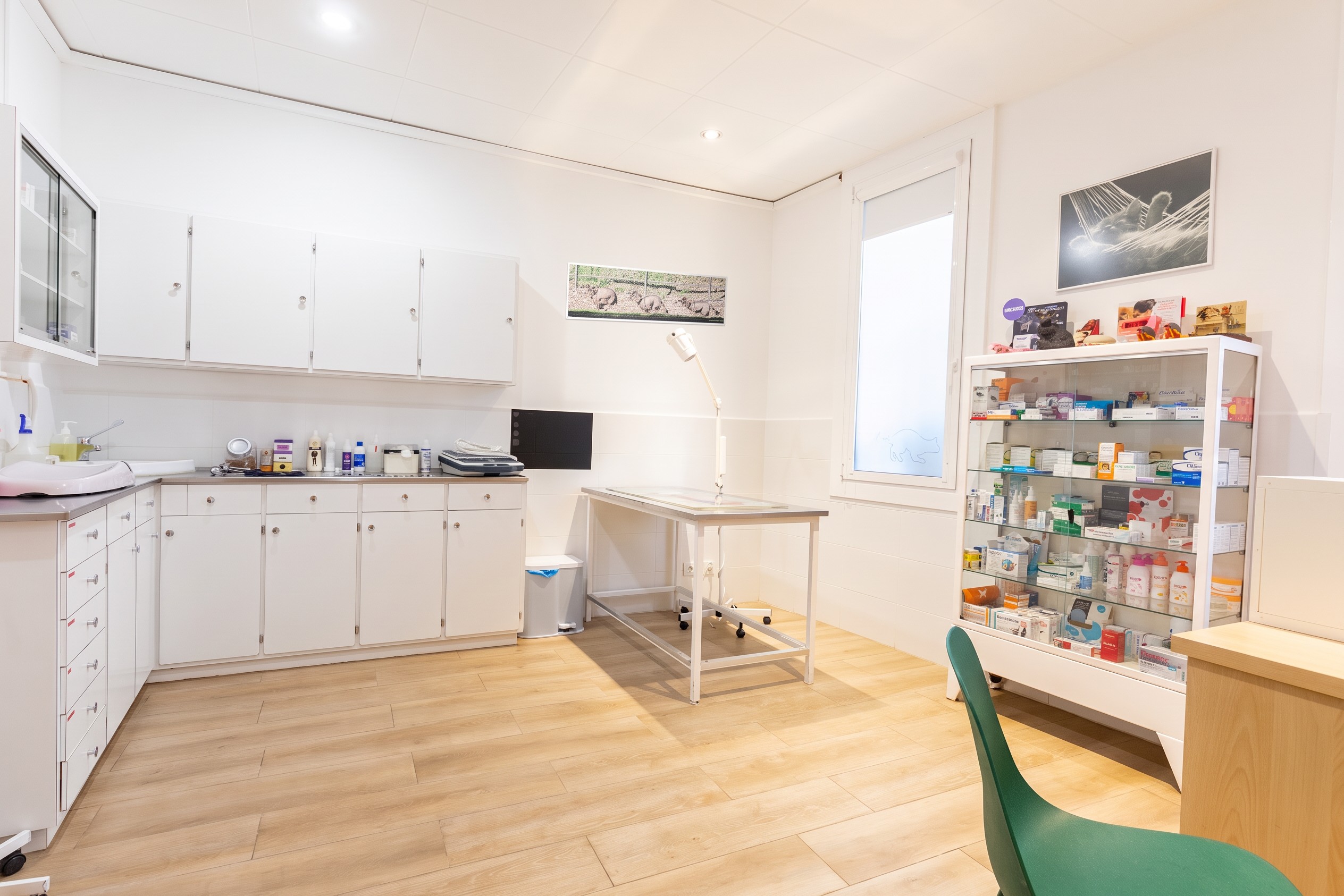 Sala médica blanca con armarios, encimera y una vitrina con medicación
