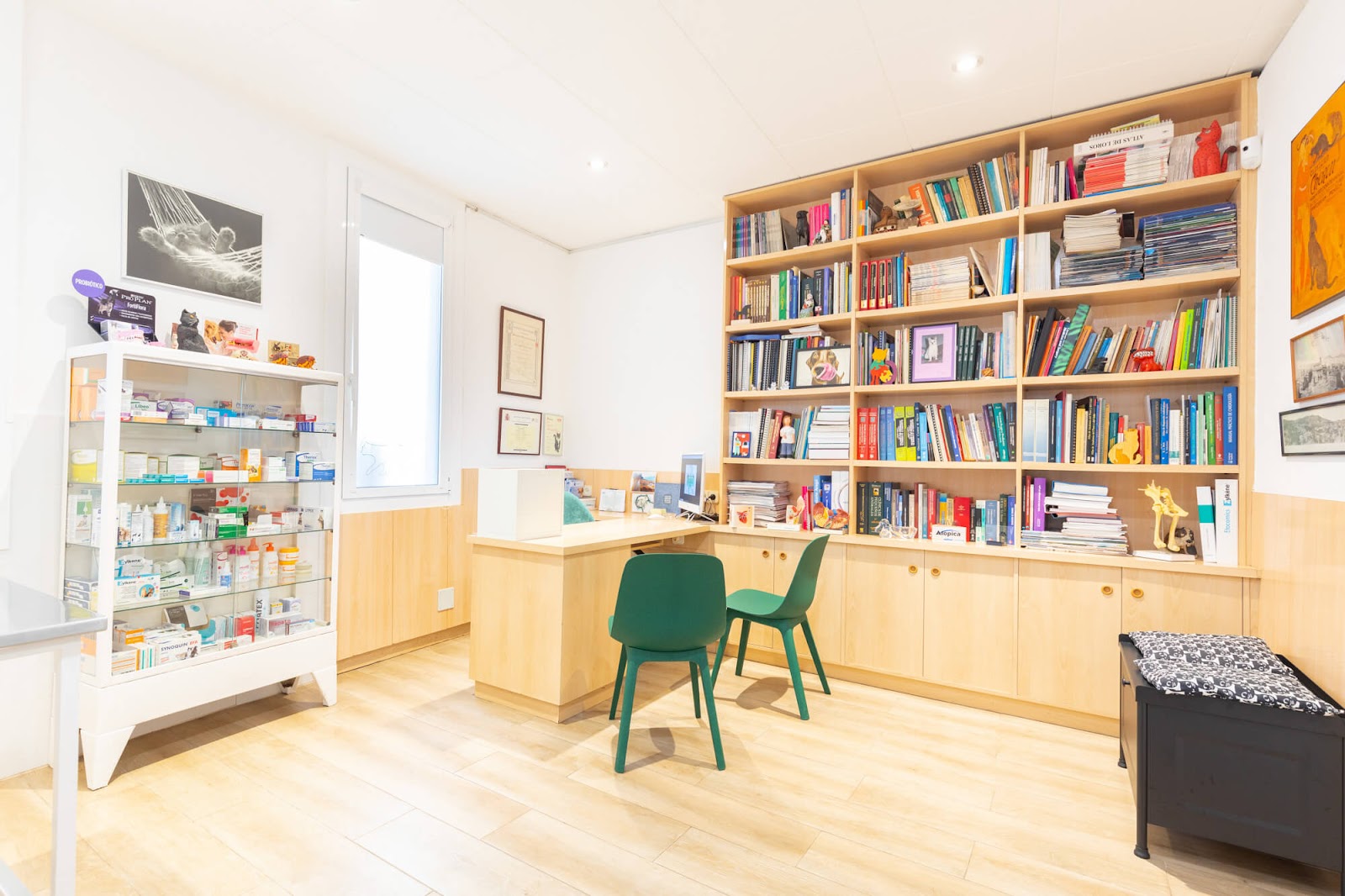 Despacho de la clínica con escritorio de madera, sillas verdes, una estantería llena de libros y una vitrina con medicación
